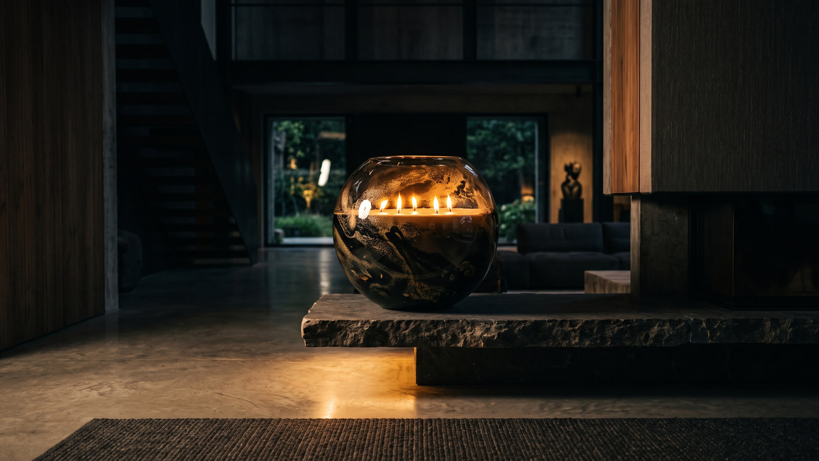 Baobab Collection style oversized spherical glass candle in a large dark interior