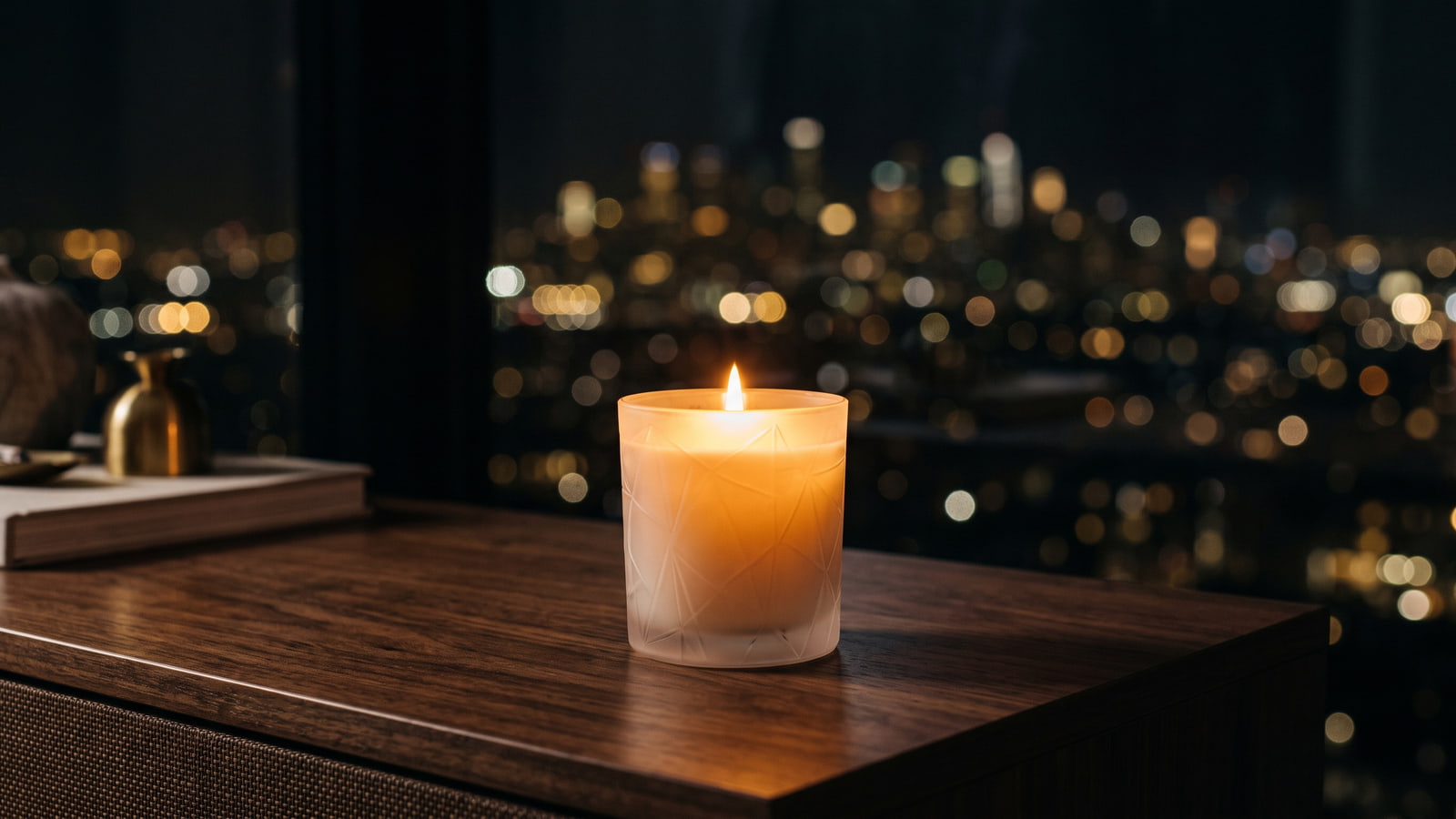 Nest New York style etched glass candle glowing on a modern console