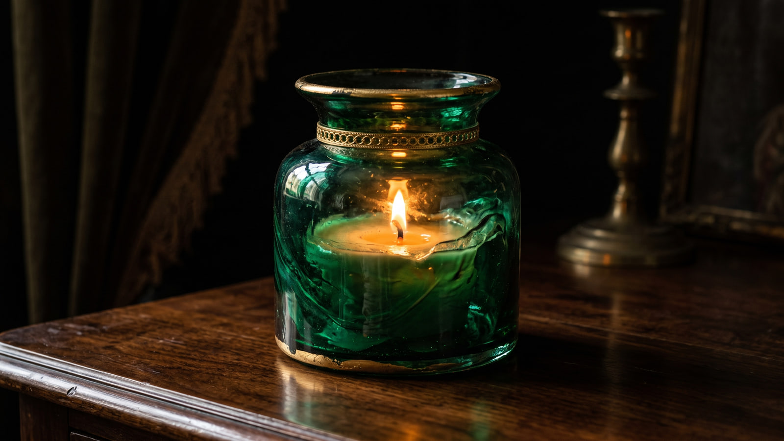 Trudon green glass candle glowing against a dark backdrop